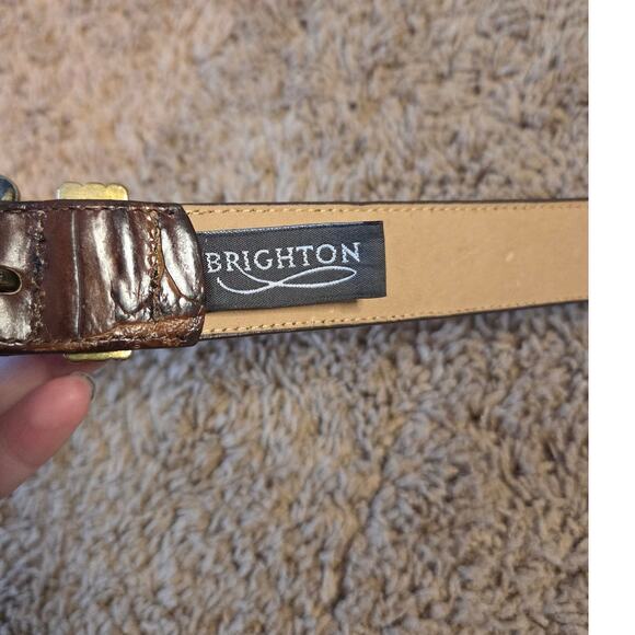 Brighton brown leather croc embossed textured belt 1inch vtg rope gold buckle L - Picture 3 of 9